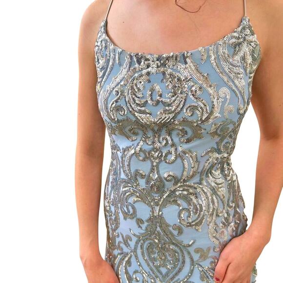 Y2K Cocktail Party Dress Baby Blue Silver Sequin Embellishments Women's Medium - Picture 2 of 11